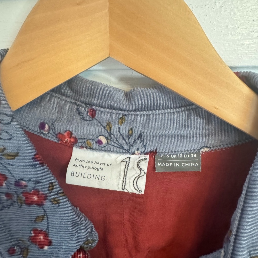 Anthropologie Blue and Red Floral corduroy shirt